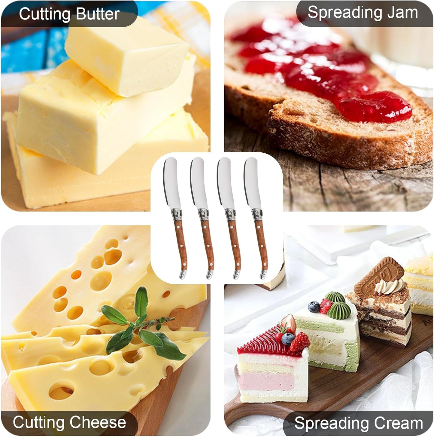 Butter Spreader Knife Set 4-Piece Stainless Steel Cheese Knife Set Small with Rose Wood Handle for Sandwich Jam Bread Cream Canape Appetizer Knives Spatula 6.2-inch
