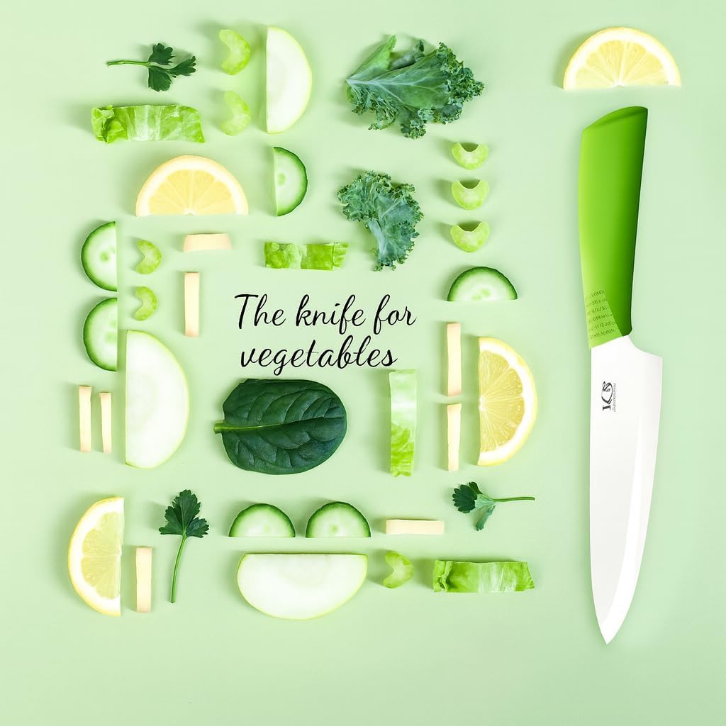 Ceramic Chef Knife 8 Inch with Protective Cover – Zirconia Ceramic Blade for Food Preparation – Lightweight Kitchen Knife (Green)