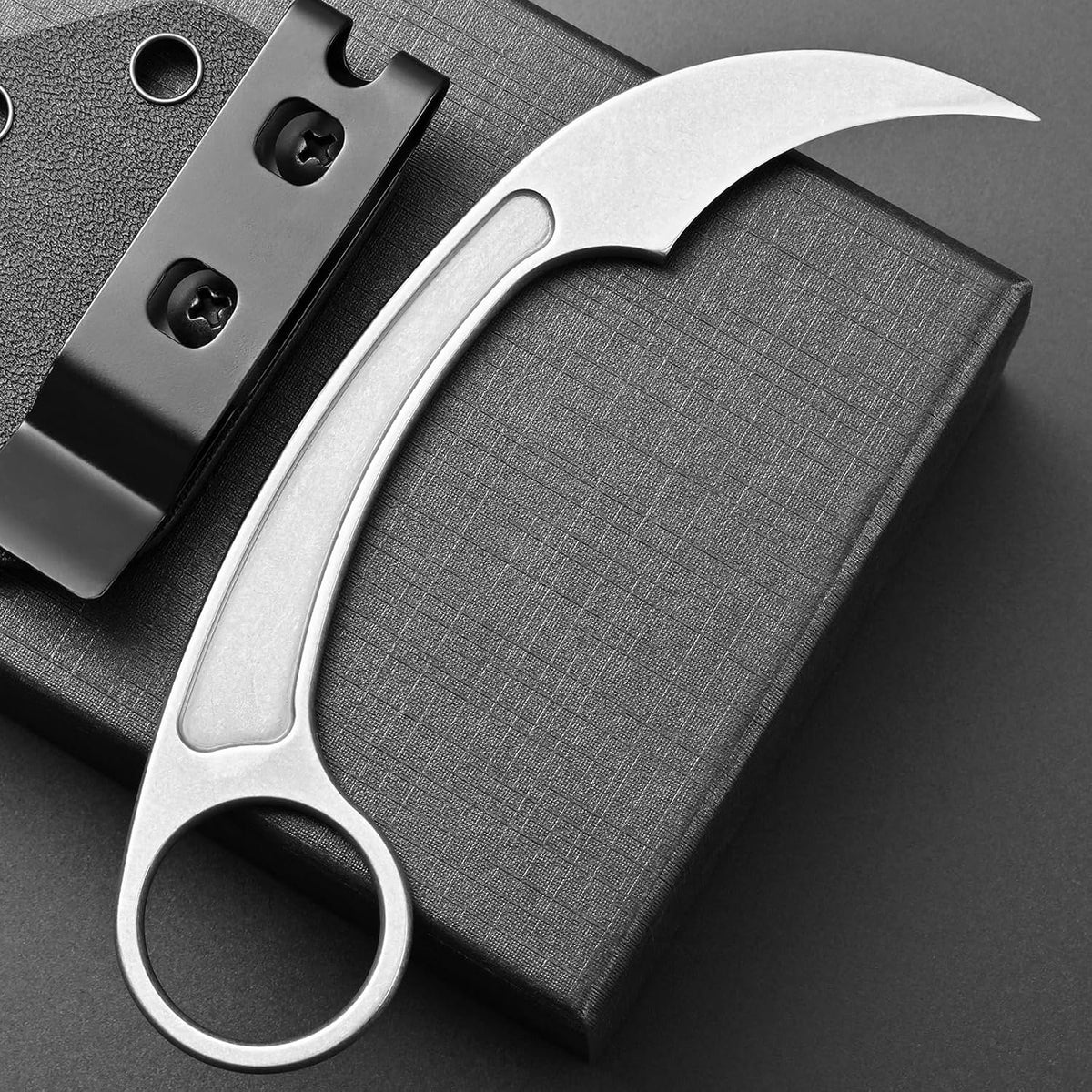 Ccanku C1102 Fixed Blade Knife, D2 Blade Stainless Steel Handle Claw Knife with K Sheath for Outdoor EDC Hunting Survival (Silver)