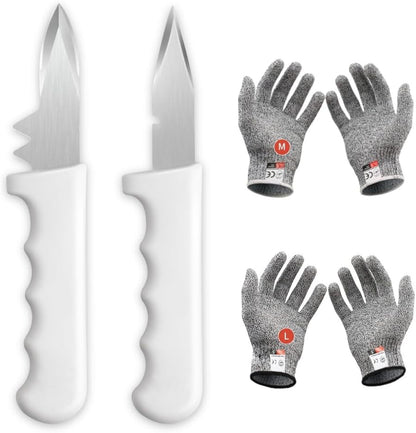 2PCS Oyster Shucking Knife + 4PCS A5 Cut-Resistant Gloves(2M+2L),8" Oyster Knife With Extended Ergonomic Handle,Stainless Steel Oyster Shucker Tool Oyster Opener Tool Oyster Shucking Kit