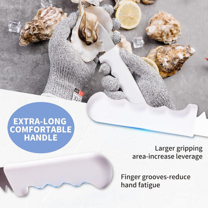 2PCS Oyster Shucking Knife + 4PCS A5 Cut-Resistant Gloves(2M+2L),8" Oyster Knife With Extended Ergonomic Handle,Stainless Steel Oyster Shucker Tool Oyster Opener Tool Oyster Shucking Kit