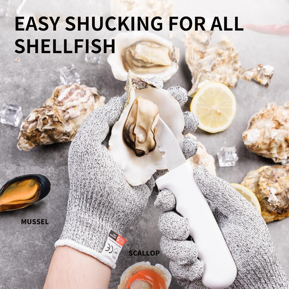 2PCS Oyster Shucking Knife + 4PCS A5 Cut-Resistant Gloves(2M+2L),8" Oyster Knife With Extended Ergonomic Handle,Stainless Steel Oyster Shucker Tool Oyster Opener Tool Oyster Shucking Kit