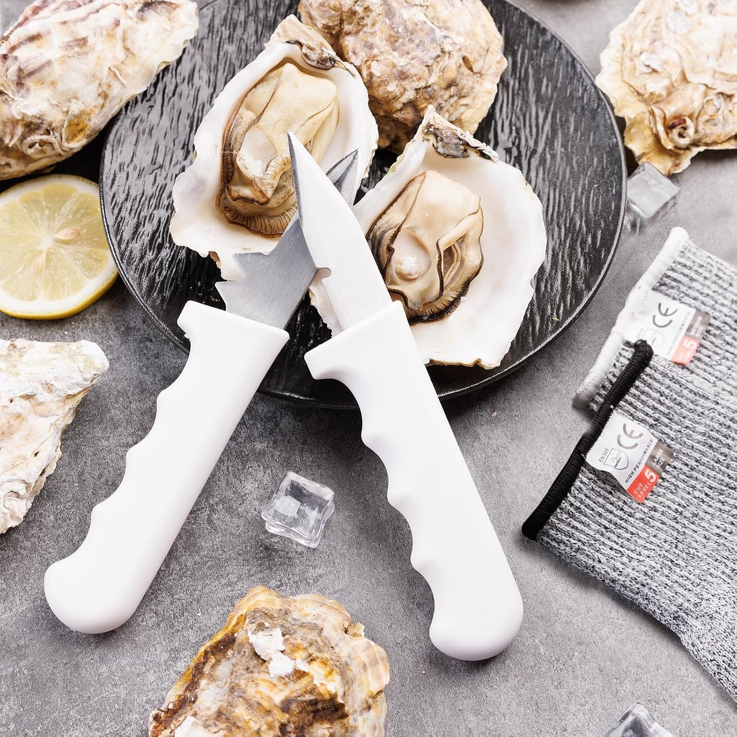 2PCS Oyster Shucking Knife + 4PCS A5 Cut-Resistant Gloves(2M+2L),8" Oyster Knife With Extended Ergonomic Handle,Stainless Steel Oyster Shucker Tool Oyster Opener Tool Oyster Shucking Kit
