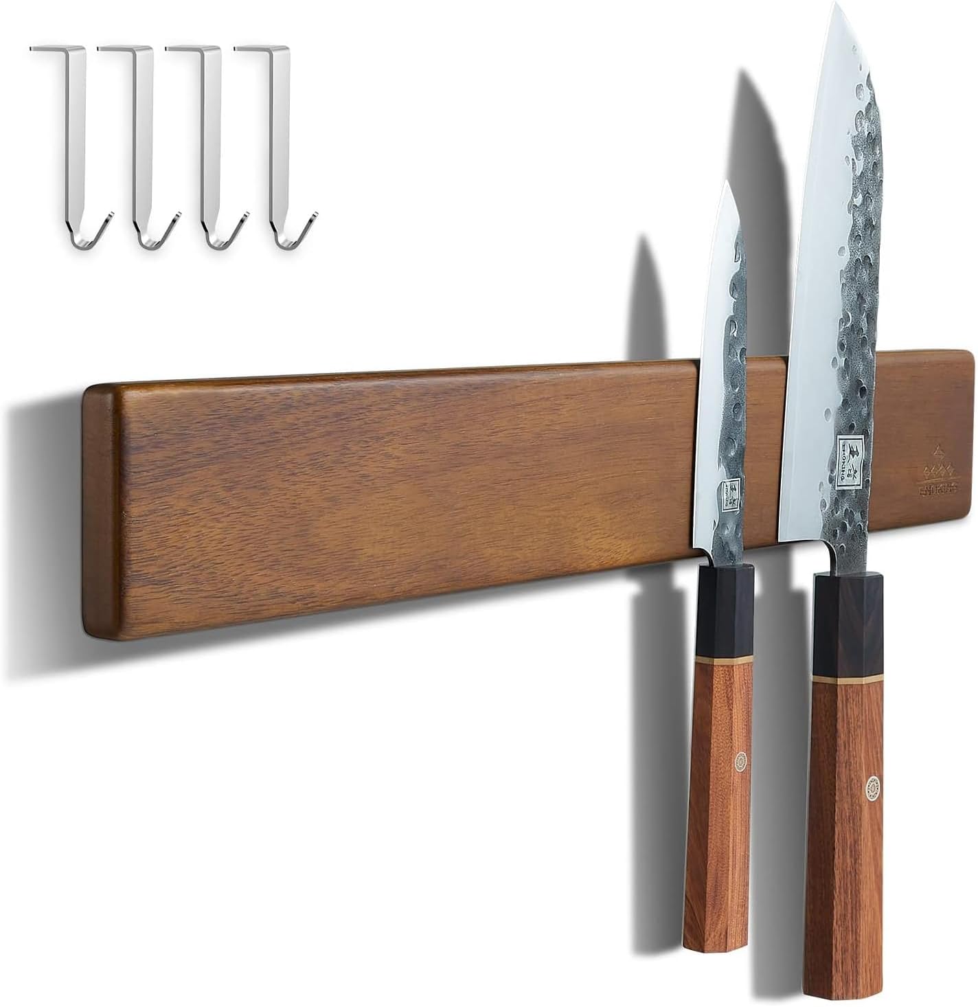 16 Inch Magnetic Knife Holder for Wall - Acacia Wood Knife Strip with Gold-Stamping Magnetic Gift Box - Powerful Knife Bar with 4 Hooks, No Drilling or Screw Mount