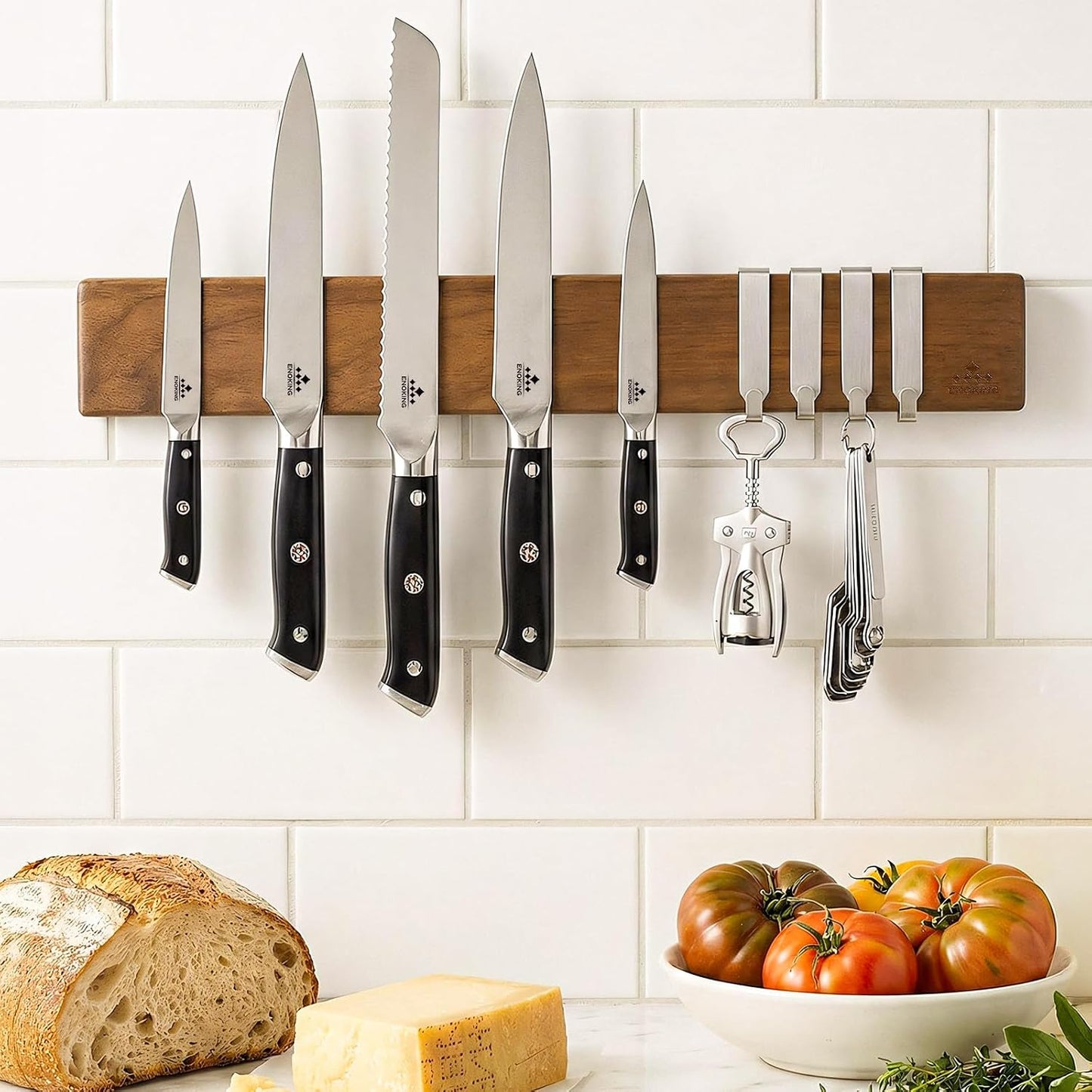 16 Inch Magnetic Knife Holder for Wall - Acacia Wood Knife Strip with Gold-Stamping Magnetic Gift Box - Powerful Knife Bar with 4 Hooks, No Drilling or Screw Mount