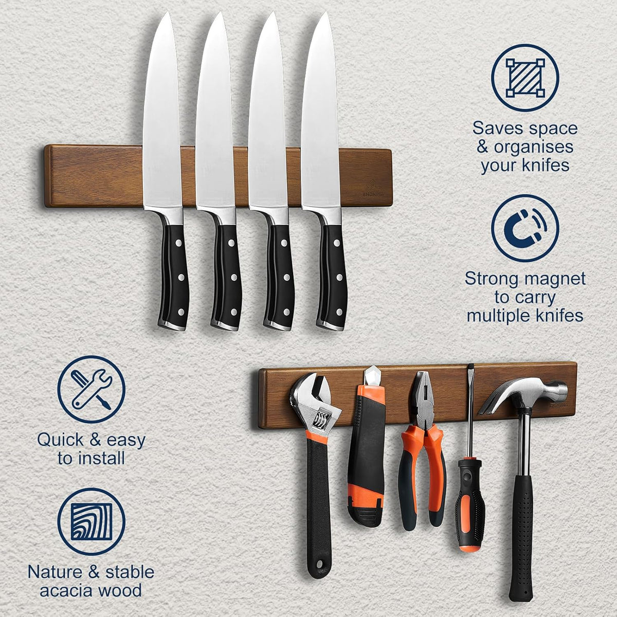 16 Inch Magnetic Knife Holder for Wall - Acacia Wood Knife Strip with Gold-Stamping Magnetic Gift Box - Powerful Knife Bar with 4 Hooks, No Drilling or Screw Mount