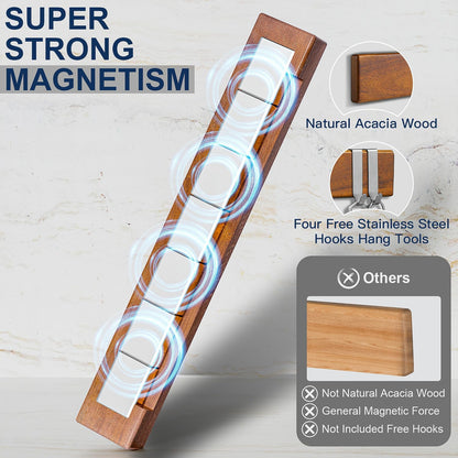 16 Inch Magnetic Knife Holder for Wall - Acacia Wood Knife Strip with Gold-Stamping Magnetic Gift Box - Powerful Knife Bar with 4 Hooks, No Drilling or Screw Mount