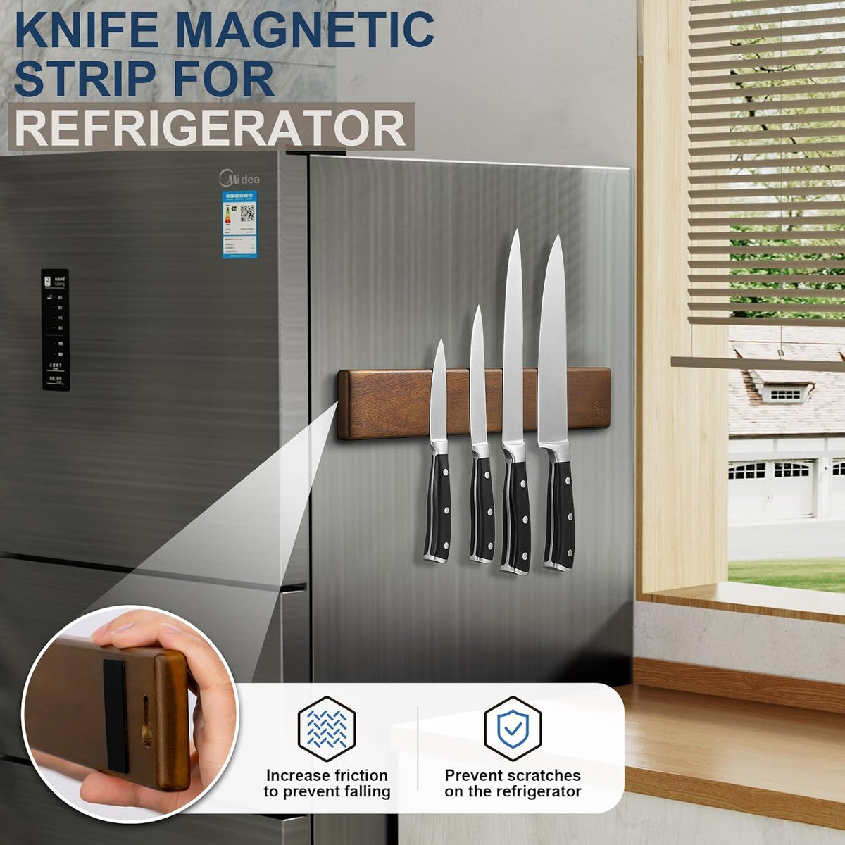 16 Inch Magnetic Knife Holder for Wall - Acacia Wood Knife Strip with Gold-Stamping Magnetic Gift Box - Powerful Knife Bar with 4 Hooks, No Drilling or Screw Mount
