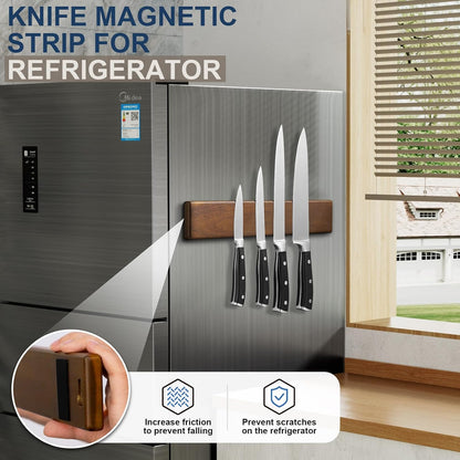 16 Inch Magnetic Knife Holder for Wall - Acacia Wood Knife Strip with Gold-Stamping Magnetic Gift Box - Powerful Knife Bar with 4 Hooks, No Drilling or Screw Mount