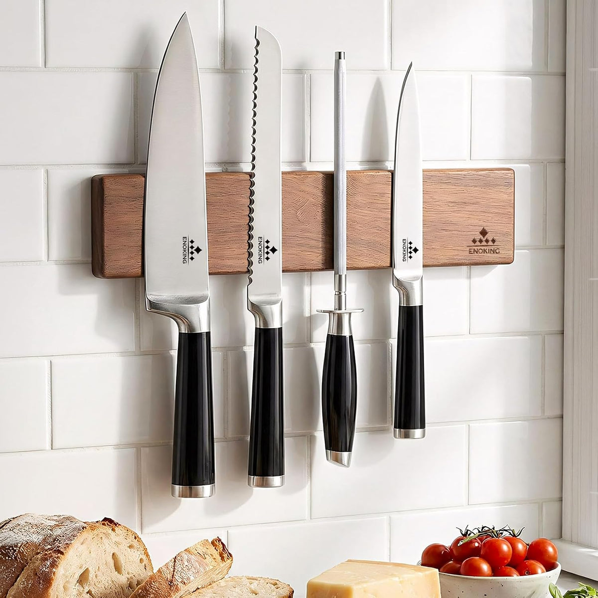 16 Inch Magnetic Knife Holder for Wall - Acacia Wood Knife Strip with Gold-Stamping Magnetic Gift Box - Powerful Knife Bar with 4 Hooks, No Drilling or Screw Mount