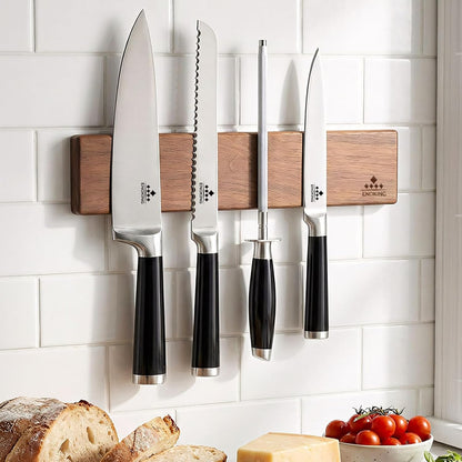 16 Inch Magnetic Knife Holder for Wall - Acacia Wood Knife Strip with Gold-Stamping Magnetic Gift Box - Powerful Knife Bar with 4 Hooks, No Drilling or Screw Mount