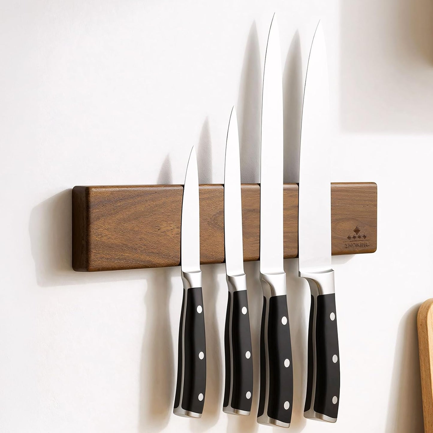 16 Inch Magnetic Knife Holder for Wall - Acacia Wood Knife Strip with Gold-Stamping Magnetic Gift Box - Powerful Knife Bar with 4 Hooks, No Drilling or Screw Mount