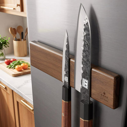 16 Inch Magnetic Knife Holder for Wall - Acacia Wood Knife Strip with Gold-Stamping Magnetic Gift Box - Powerful Knife Bar with 4 Hooks, No Drilling or Screw Mount