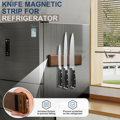 16 Inch Magnetic Knife Holder for Wall - Acacia Wood Knife Strip with Gold-Stamping Magnetic Gift Box - Powerful Knife Bar with 4 Hooks, No Drilling or Screw Mount