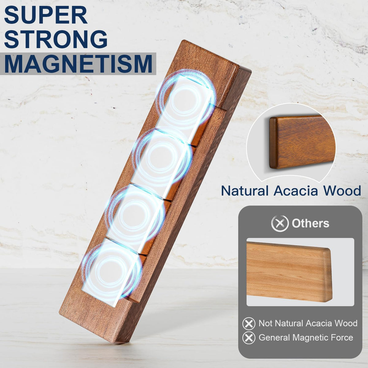 16 Inch Magnetic Knife Holder for Wall - Acacia Wood Knife Strip with Gold-Stamping Magnetic Gift Box - Powerful Knife Bar with 4 Hooks, No Drilling or Screw Mount