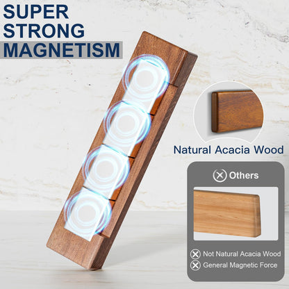 16 Inch Magnetic Knife Holder for Wall - Acacia Wood Knife Strip with Gold-Stamping Magnetic Gift Box - Powerful Knife Bar with 4 Hooks, No Drilling or Screw Mount