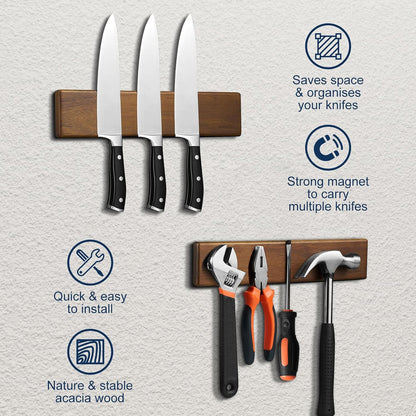 16 Inch Magnetic Knife Holder for Wall - Acacia Wood Knife Strip with Gold-Stamping Magnetic Gift Box - Powerful Knife Bar with 4 Hooks, No Drilling or Screw Mount