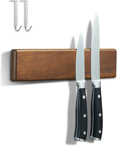 16 Inch Magnetic Knife Holder for Wall - Acacia Wood Knife Strip with Gold-Stamping Magnetic Gift Box - Powerful Knife Bar with 4 Hooks, No Drilling or Screw Mount