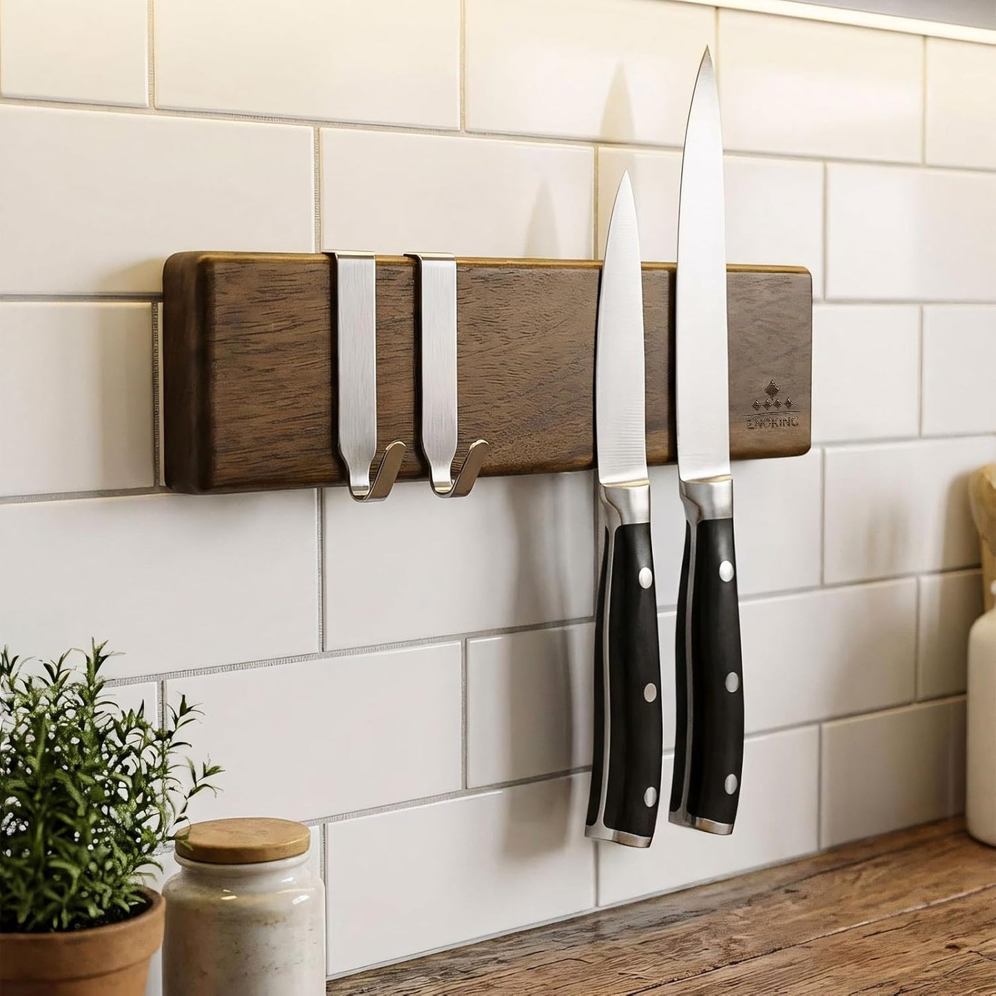 16 Inch Magnetic Knife Holder for Wall - Acacia Wood Knife Strip with Gold-Stamping Magnetic Gift Box - Powerful Knife Bar with 4 Hooks, No Drilling or Screw Mount