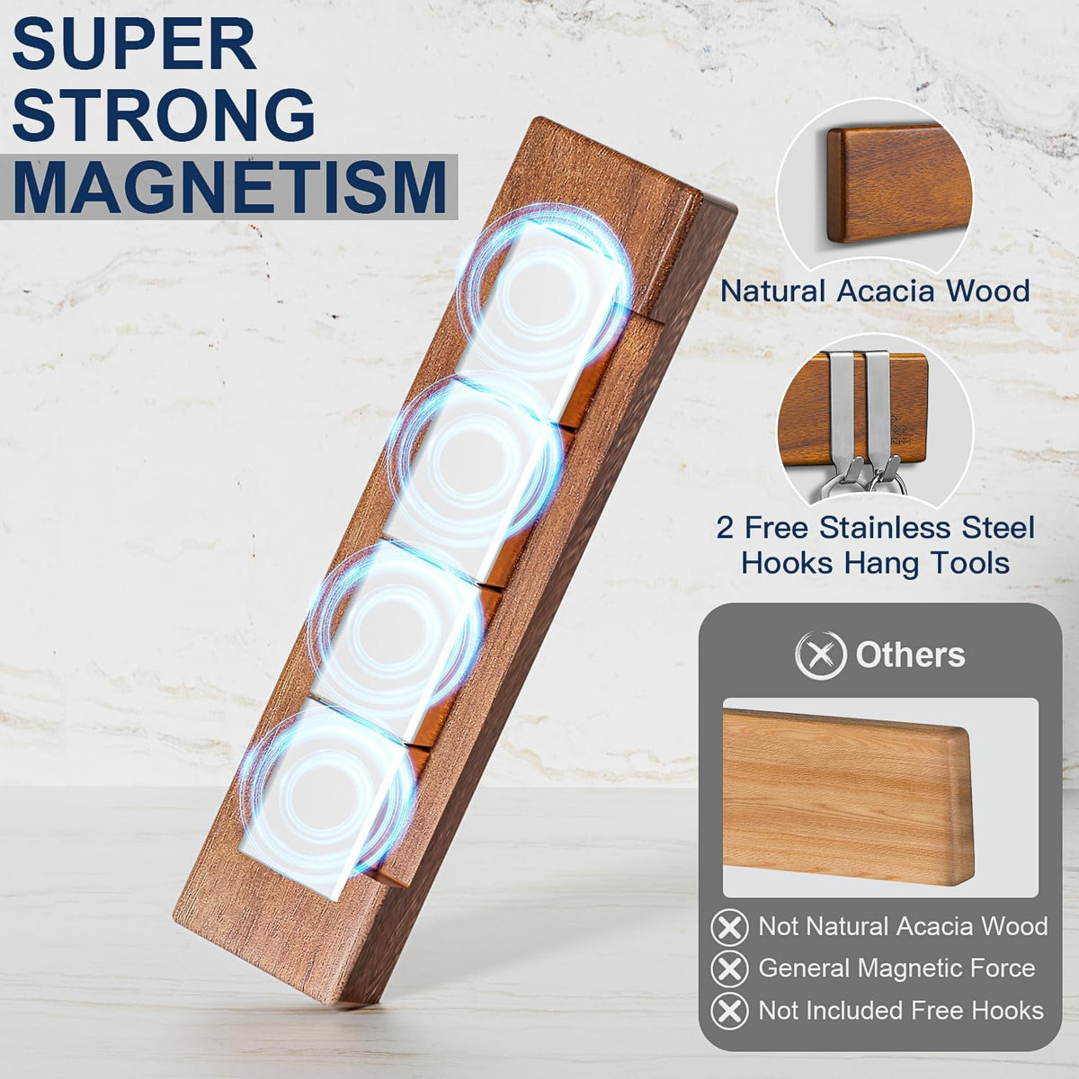 16 Inch Magnetic Knife Holder for Wall - Acacia Wood Knife Strip with Gold-Stamping Magnetic Gift Box - Powerful Knife Bar with 4 Hooks, No Drilling or Screw Mount