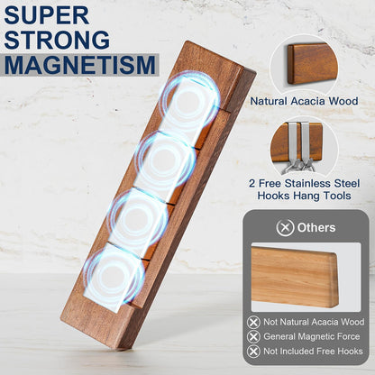 16 Inch Magnetic Knife Holder for Wall - Acacia Wood Knife Strip with Gold-Stamping Magnetic Gift Box - Powerful Knife Bar with 4 Hooks, No Drilling or Screw Mount