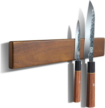 16 Inch Magnetic Knife Holder for Wall - Acacia Wood Knife Strip with Gold-Stamping Magnetic Gift Box - Powerful Knife Bar with 4 Hooks, No Drilling or Screw Mount