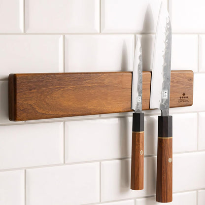 16 Inch Magnetic Knife Holder for Wall - Acacia Wood Knife Strip with Gold-Stamping Magnetic Gift Box - Powerful Knife Bar with 4 Hooks, No Drilling or Screw Mount