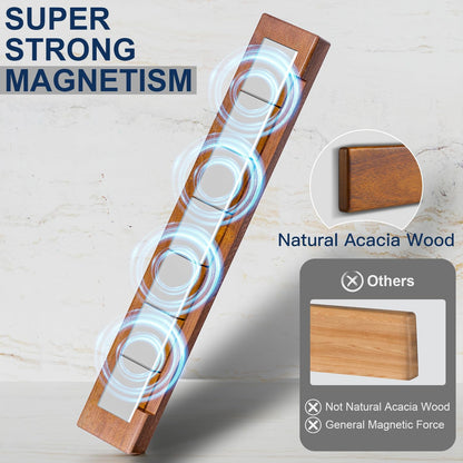 16 Inch Magnetic Knife Holder for Wall - Acacia Wood Knife Strip with Gold-Stamping Magnetic Gift Box - Powerful Knife Bar with 4 Hooks, No Drilling or Screw Mount