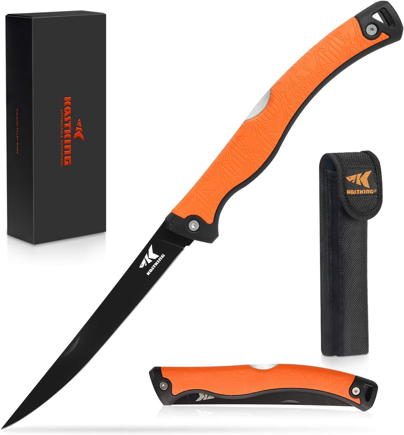 Folding Fillet/Fishing/Camping/Hunting Knife, Orange | 13.5" Overall, 7.5" Folded, Fishing Knife, G4116 Stainless Steel Blade, Sheath, Nonstick & Corrosion-Resistant