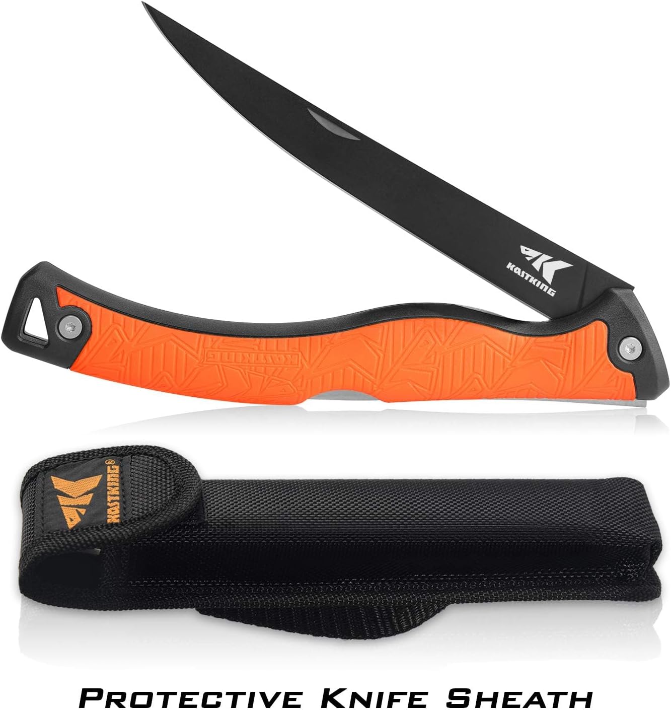 Folding Fillet/Fishing/Camping/Hunting Knife, Orange | 13.5" Overall, 7.5" Folded, Fishing Knife, G4116 Stainless Steel Blade, Sheath, Nonstick & Corrosion-Resistant