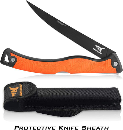 Folding Fillet/Fishing/Camping/Hunting Knife, Orange | 13.5" Overall, 7.5" Folded, Fishing Knife, G4116 Stainless Steel Blade, Sheath, Nonstick & Corrosion-Resistant
