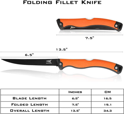 Folding Fillet/Fishing/Camping/Hunting Knife, Orange | 13.5" Overall, 7.5" Folded, Fishing Knife, G4116 Stainless Steel Blade, Sheath, Nonstick & Corrosion-Resistant