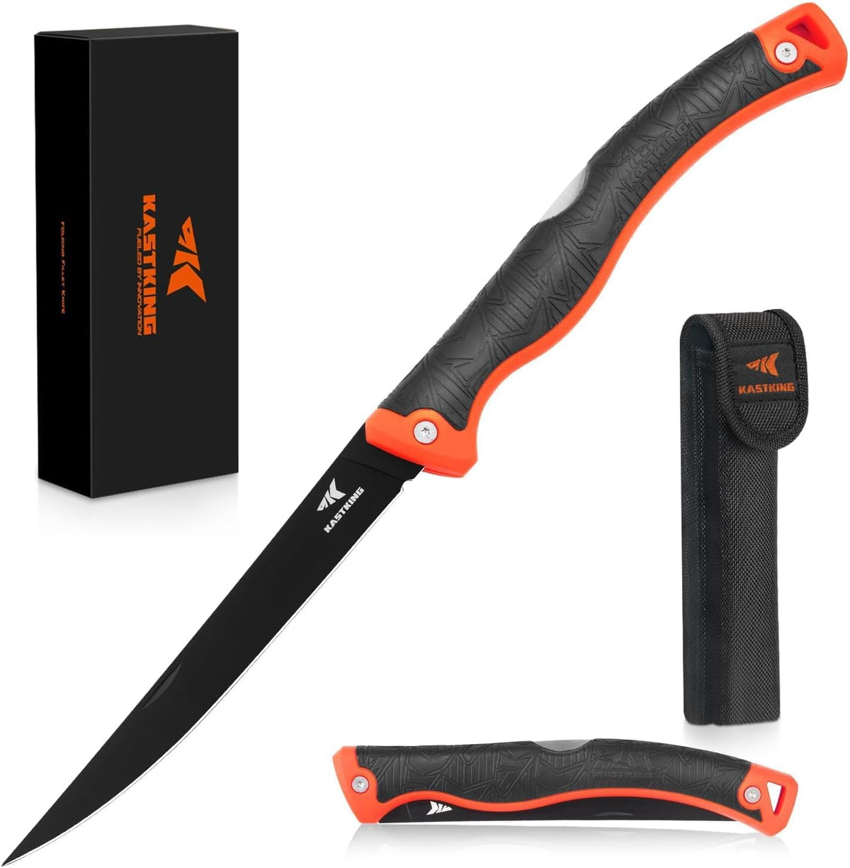 Folding Fillet/Fishing/Camping/Hunting Knife, Orange | 13.5" Overall, 7.5" Folded, Fishing Knife, G4116 Stainless Steel Blade, Sheath, Nonstick & Corrosion-Resistant