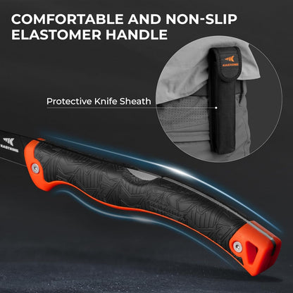 Folding Fillet/Fishing/Camping/Hunting Knife, Orange | 13.5" Overall, 7.5" Folded, Fishing Knife, G4116 Stainless Steel Blade, Sheath, Nonstick & Corrosion-Resistant