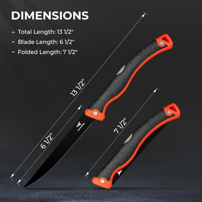 Folding Fillet/Fishing/Camping/Hunting Knife, Orange | 13.5" Overall, 7.5" Folded, Fishing Knife, G4116 Stainless Steel Blade, Sheath, Nonstick & Corrosion-Resistant