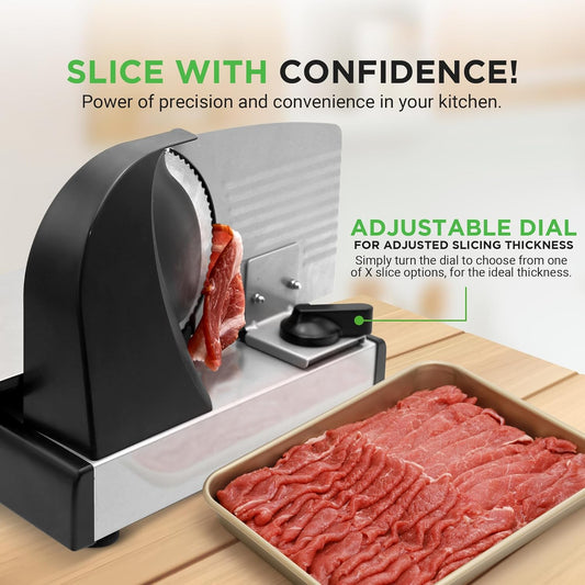 Nutrichef Electric Meat Slicer | 200W Automatic Meat, Deli & Bread Slicer | Adjustable Dial for 0-15mm Cutting Range Thickness | Removable 7.5 IN Stainless Steel Blade & Food Pusher for Safety (Black)