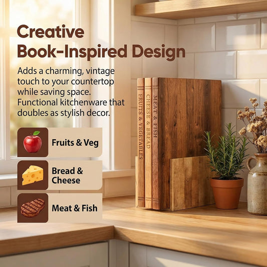 Book Cutting Board Set - Food Safe, Non-Slip Chopping Boards for Kitchen Organization and Stylish Serving,Acacia Wood