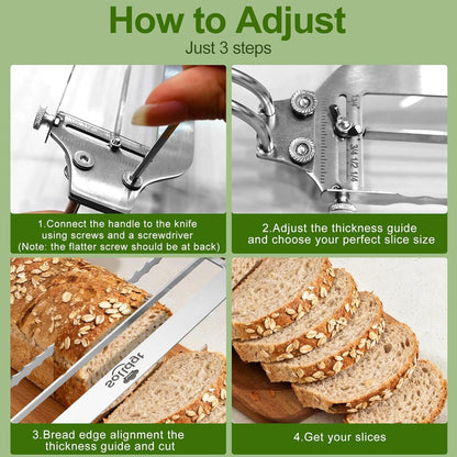 Adjustable Bread Slicer for Homemade Bread - Manual Sourdough Bread Knife | Upgrade Bread Bow Cutter with Thickness Guide Serrated Stainless Blade for Baguettes, Gift for Baker, Ambidextrous Use