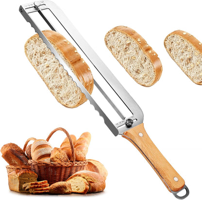Adjustable Bread Slicer for Homemade Bread - Manual Sourdough Bread Knife | Upgrade Bread Bow Cutter with Thickness Guide Serrated Stainless Blade for Baguettes, Gift for Baker, Ambidextrous Use