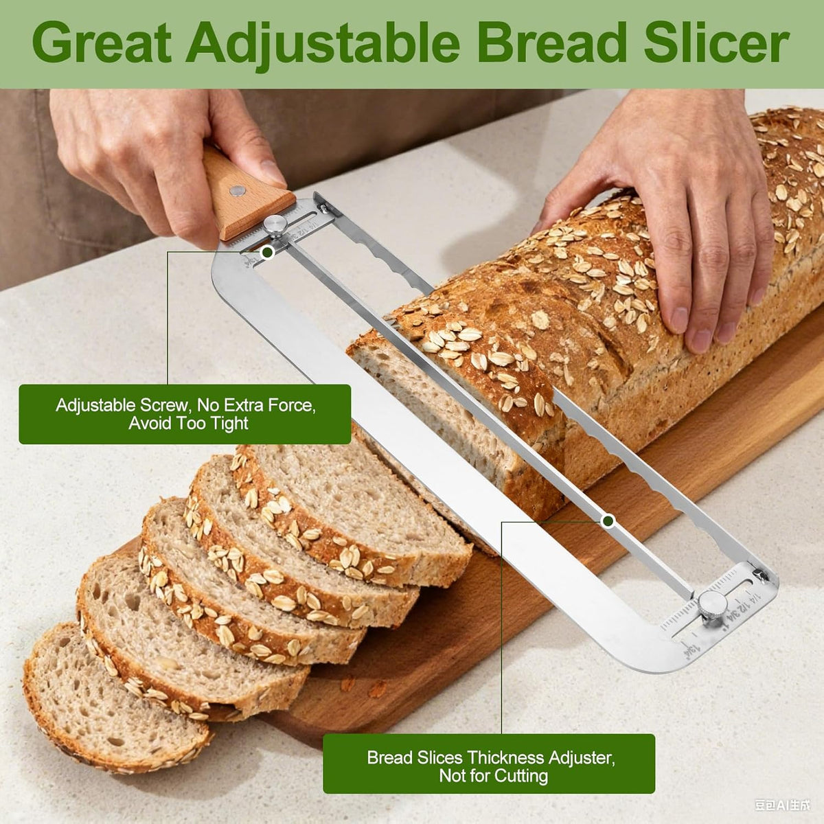 Adjustable Bread Slicer for Homemade Bread - Manual Sourdough Bread Knife | Upgrade Bread Bow Cutter with Thickness Guide Serrated Stainless Blade for Baguettes, Gift for Baker, Ambidextrous Use