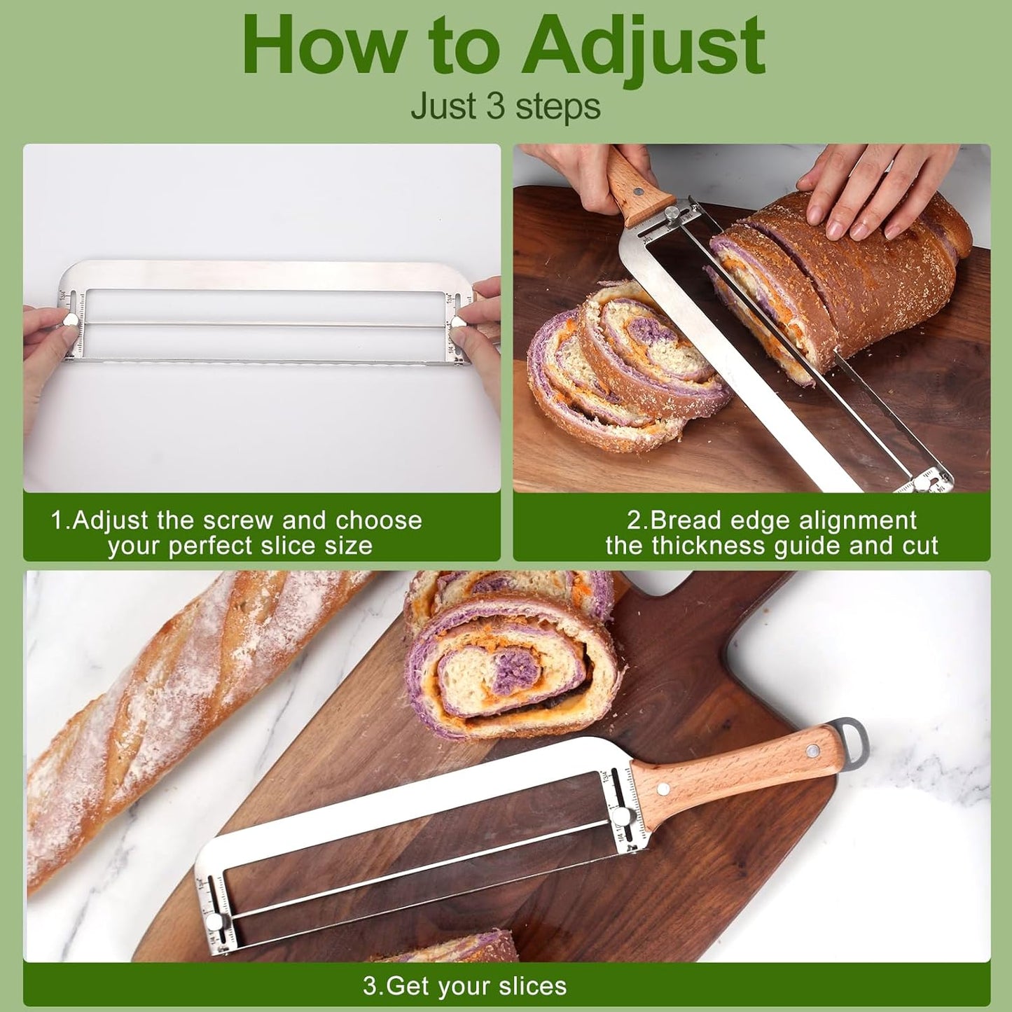 Adjustable Bread Slicer for Homemade Bread - Manual Sourdough Bread Knife | Upgrade Bread Bow Cutter with Thickness Guide Serrated Stainless Blade for Baguettes, Gift for Baker, Ambidextrous Use