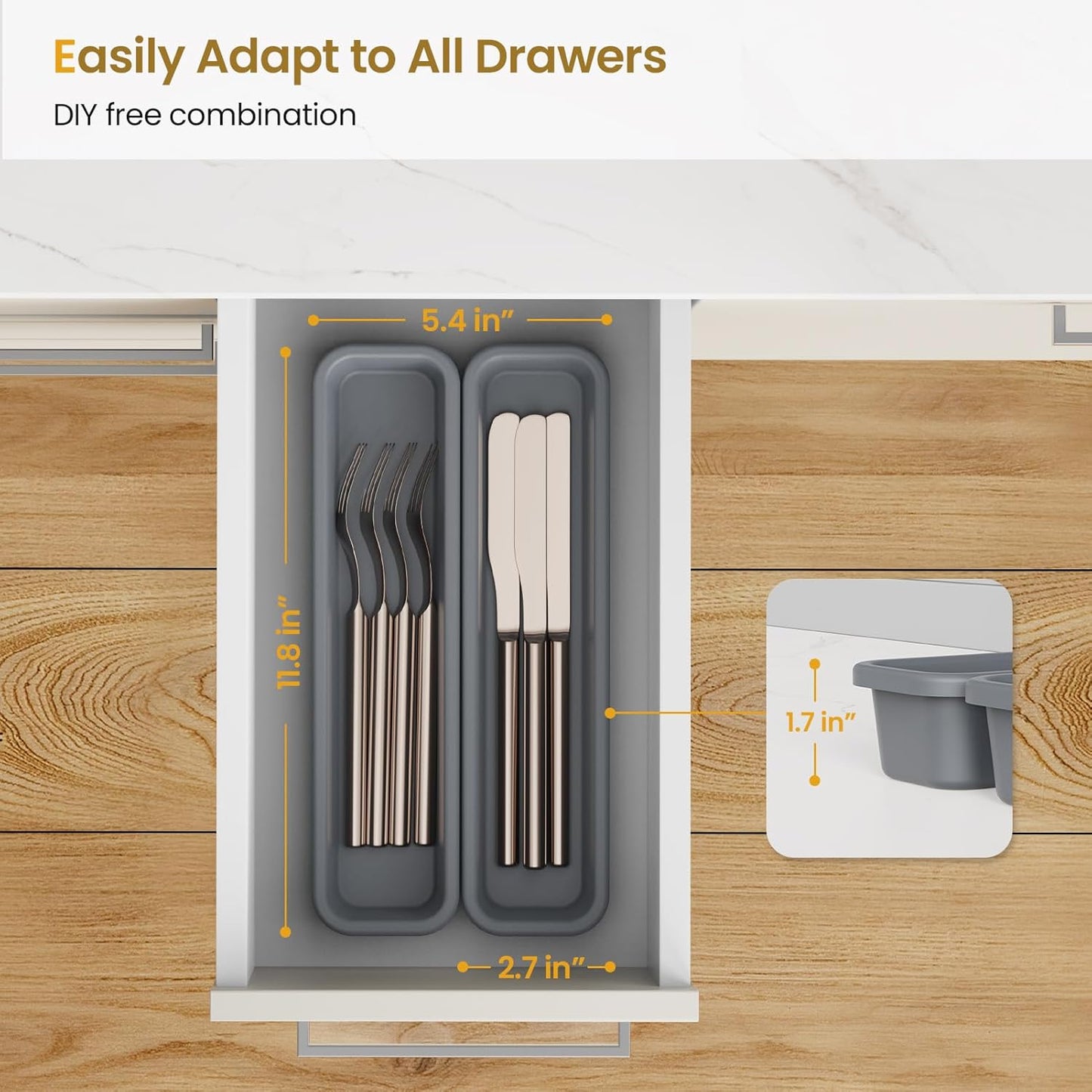7 Pack Silicone Silverware Drawer Organizer, DIY Free Combination Kitchen Drawer Organizer, Utensil Organizer, Moisture-proof and Heat-resistant up to 200°C, Anti-slip Design (Grey)