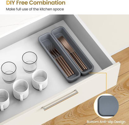 7 Pack Silicone Silverware Drawer Organizer, DIY Free Combination Kitchen Drawer Organizer, Utensil Organizer, Moisture-proof and Heat-resistant up to 200°C, Anti-slip Design (Grey)