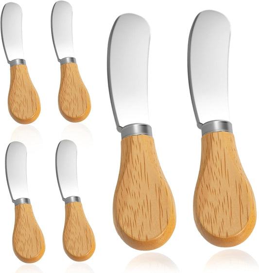 6 Pcs - Cheese Knife Set with Wooden Handle, Stainless Steel Butter Spreader for Charcuterie, Sandwiches, Dips, and Appetizers - Gift Set for Cheese Lovers