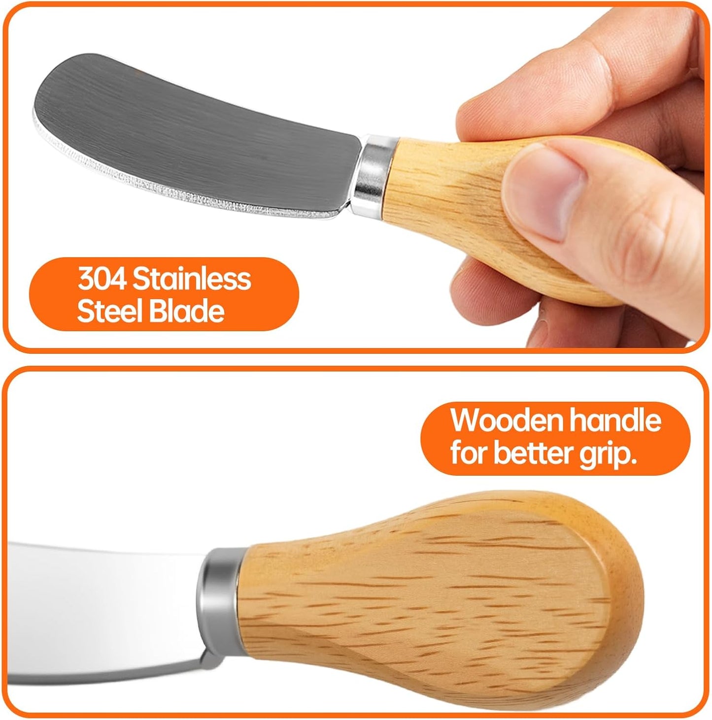 6 Pcs - Cheese Knife Set with Wooden Handle, Stainless Steel Butter Spreader for Charcuterie, Sandwiches, Dips, and Appetizers - Gift Set for Cheese Lovers