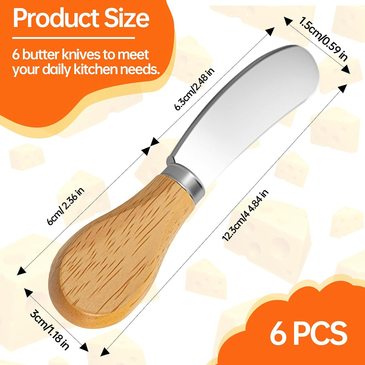6 Pcs - Cheese Knife Set with Wooden Handle, Stainless Steel Butter Spreader for Charcuterie, Sandwiches, Dips, and Appetizers - Gift Set for Cheese Lovers