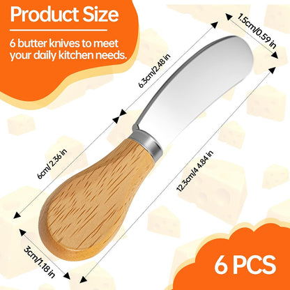 6 Pcs - Cheese Knife Set with Wooden Handle, Stainless Steel Butter Spreader for Charcuterie, Sandwiches, Dips, and Appetizers - Gift Set for Cheese Lovers