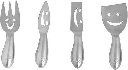 Stainless Steel 4 Pieces Smiling Faces Cheese Knife Set: Hard and Soft Cheese Knives, Serving Fork & Cheese Spreader