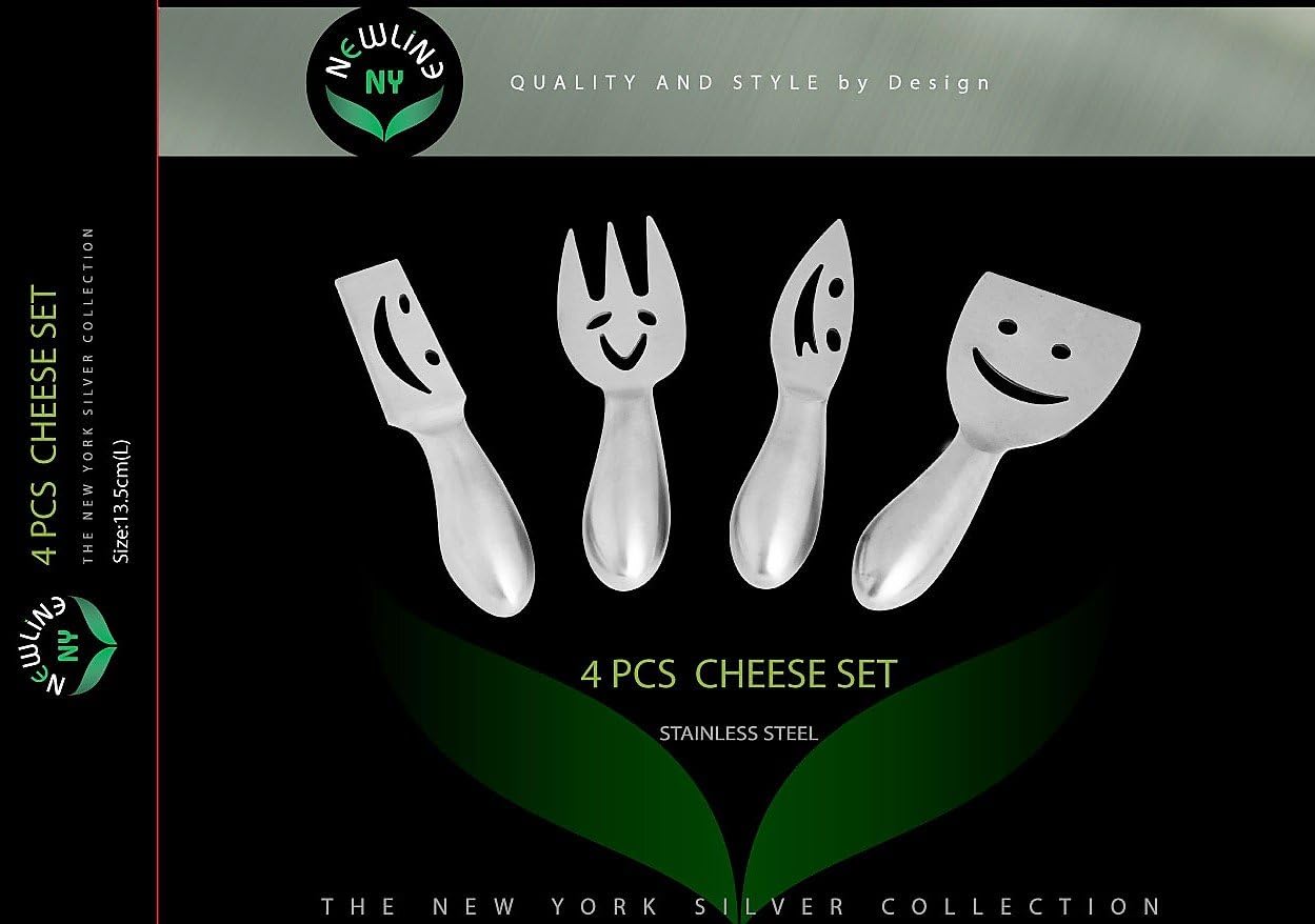 Stainless Steel 4 Pieces Smiling Faces Cheese Knife Set: Hard and Soft Cheese Knives, Serving Fork & Cheese Spreader