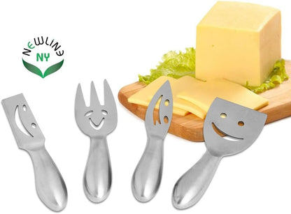 Stainless Steel 4 Pieces Smiling Faces Cheese Knife Set: Hard and Soft Cheese Knives, Serving Fork & Cheese Spreader